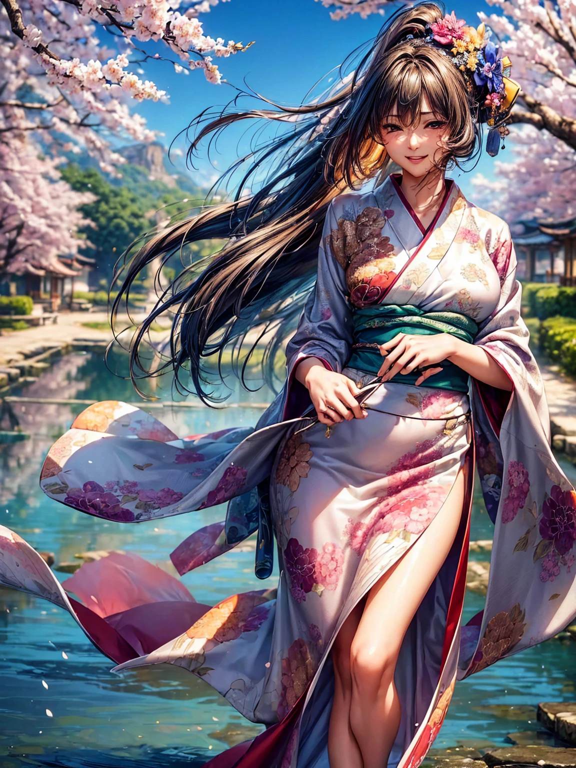 ((( top quality)))、((('s greatest masterpiece)))、Beauty Painting、 8k 、 ultra high quality、1 Female: perfect anatomy, Age 20、  beautiful body、  beautiful breasts、  beautiful faces:smile、 best skin and hair texture  、(( beautiful patterned and colored kimono:The multi-colored ))、The skin is exposed from the kimono 、 chest is visible、Beautiful fountain:Cherry blossom trees、(( the wind is blowing :1.5))、 natural light、 high resolution images、 full picture、
