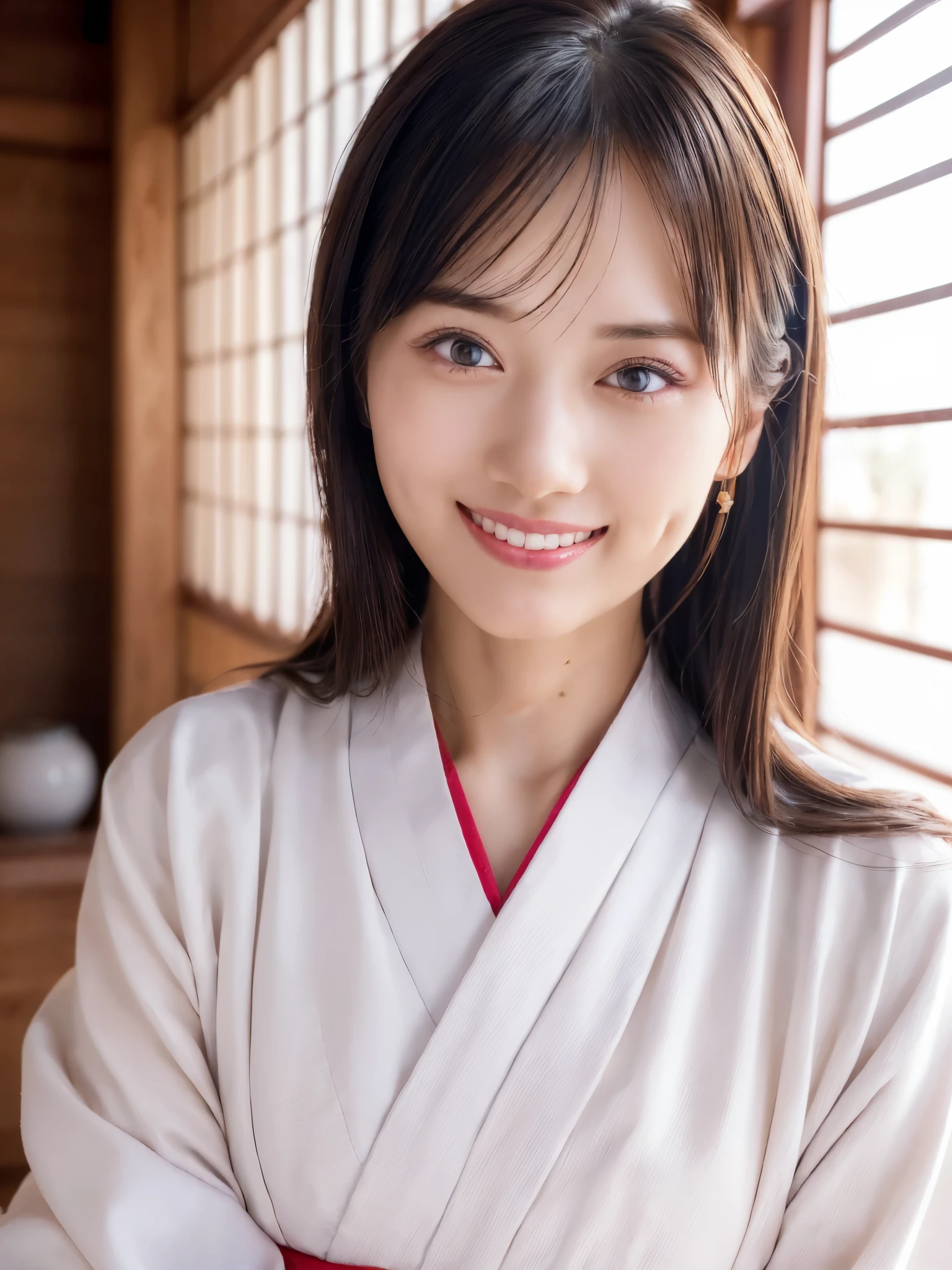 ( face close-up:1.4)、 top quality、 ultra high definition、(Photographically: 1.2)、 beautiful eyes、 very beautiful、 shiny hair 、Mature and elegant、(smile、smile:1.2)、(kawaii miko girl, wearing japanese white clothes,red hakama, in a Japanese shrine, 45 angle by krenz cushart and Mucha, golden hour lighting, strong rim light, intense shadows)