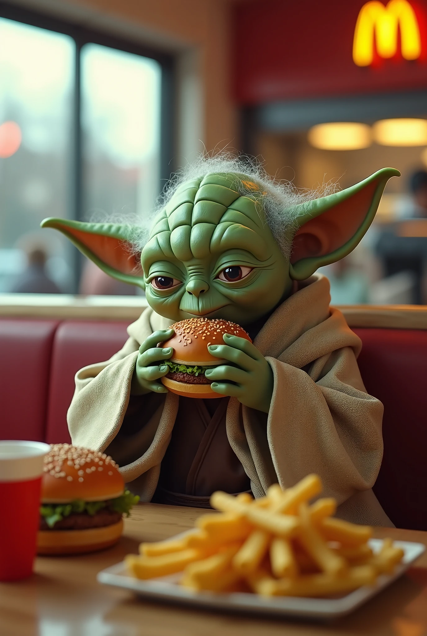 It realistically depicts Jedi-Master Yoda from “Star Wars saga". 
he is sitting inside a McDonald's restaurant.
he is wearing a Jedi's robe that perfectly matches his small build. 
it is a McDonald hamburger in his hand. 
His relaxed pose as he takes a bite of the hamburger and the soft, dreamy lighting accentuate his delicate expression. 
The overall atmosphere is cinematic and immersive.
His existence, the burgers, the hyper-detailed textures inside the McDonald's restaurant wait to start the story.