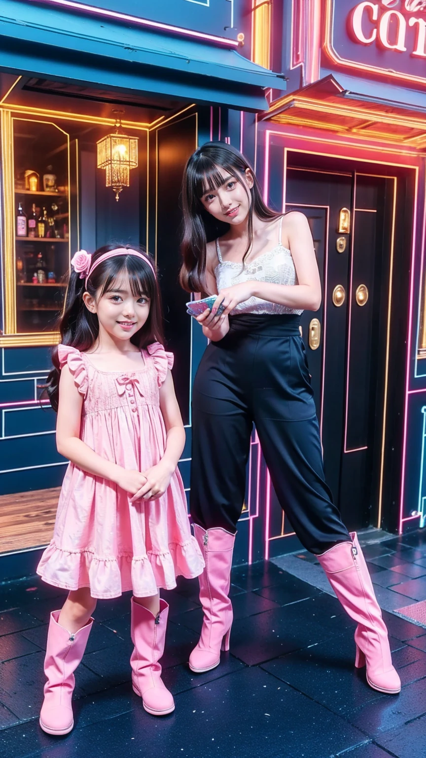 Floor-to-ceiling windows in the living room on the 180th floor of the Shanghai Tower door，Two little girls in openwork translucent stockings holding toys，Pout，Pink double-tailed hair and cyan eyes，Anime little girl in servant costume