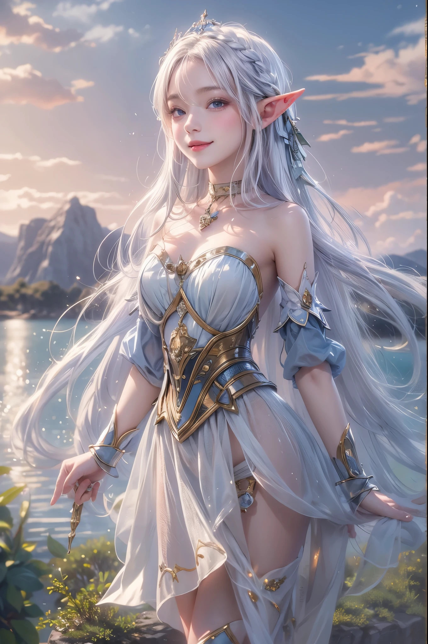 (master piece),(4k),high quality, small breasts,1girl,elf,long silver hair,pale skin,smile,white and blue costume,lakeside,(beautiful fantasy anime),film Lighting
