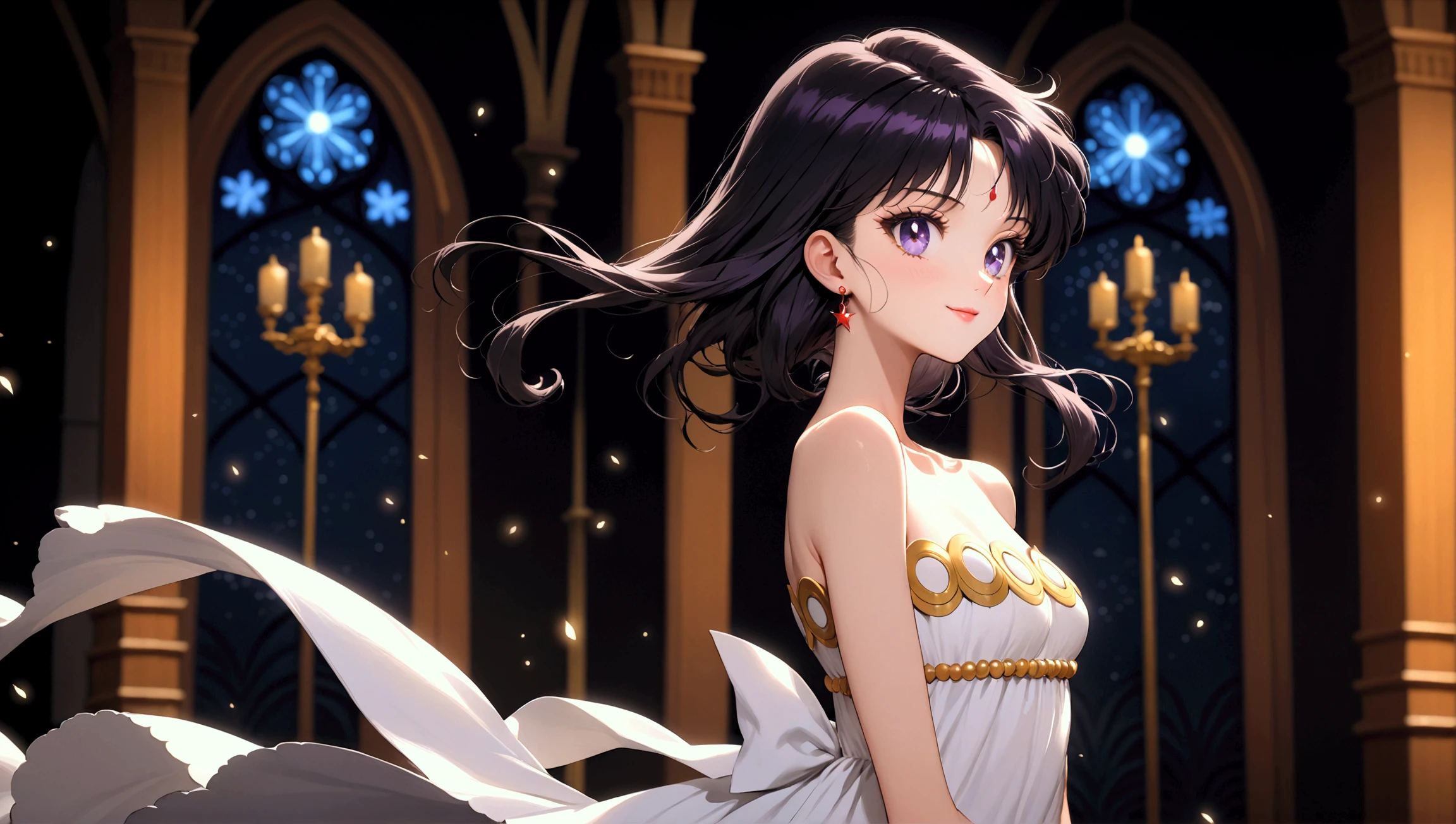 ((Upper body center)) (masterpiece, best quality, very aesthetic , ultra detailed), intriguing details , aamars, smile, black hair, small breasts, mature woman, red nails, solo, Best quality, masterpiece, High Definition, church, detailed background, intricate details, day, white dress, bare shoulders, arms behind back, Высокое разрешение