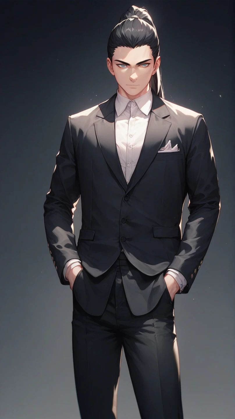 1man, solo, Black Hair, Long Hair, ponytail, Black suit, Black pants, hands on pocket, Looking at viewer, Dark background, Feet Out Of Frame, from the front 