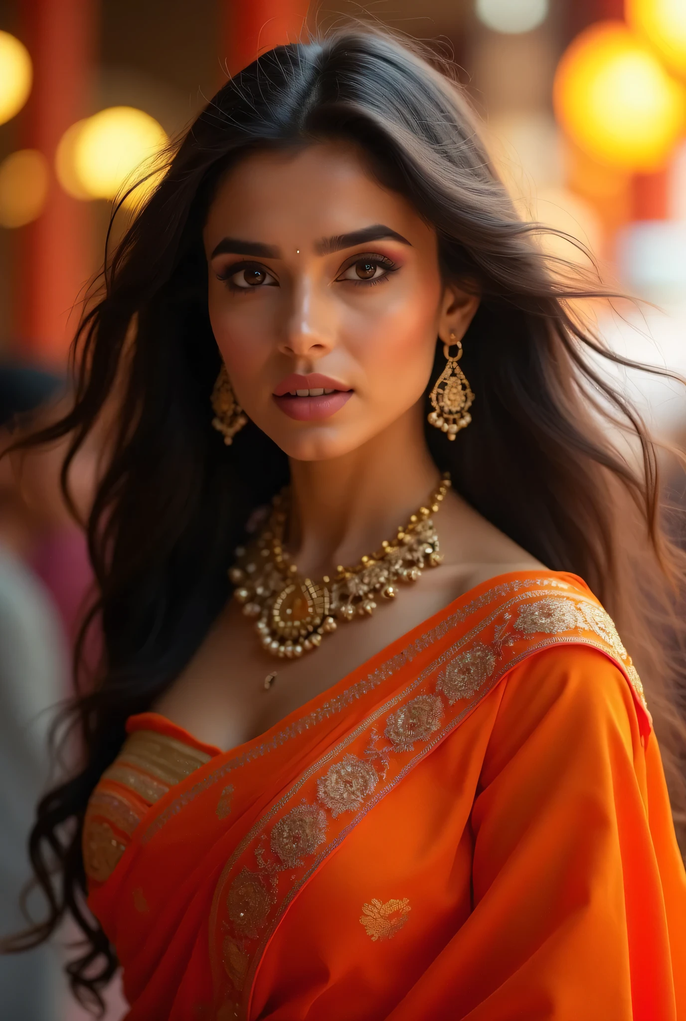 Sexy indian woman, black hair tied in a bun, smokey eyes, eyeliner, blushing intensely, fairest skin, plump face, soft lips, gold blouse, white saree with gold borders with green white and orange colour, pinned against a wall. Independence Day theme