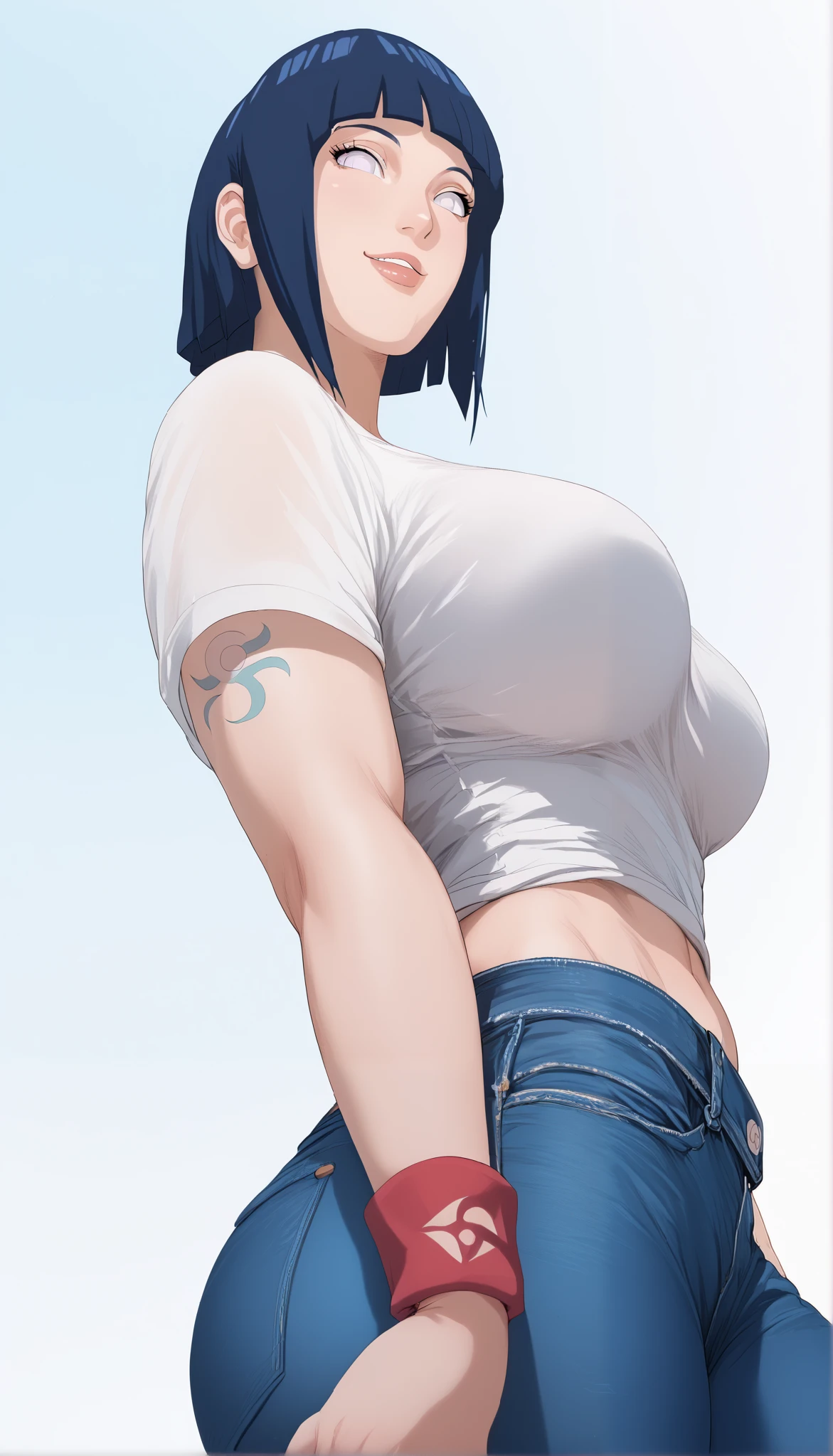 score_9, score_8_up, score_7_up, score_6_up, 1girl, Hinata_Hyūga, Waist-length hair, straight hair, Dark blue hair, (Light Red) gradient hair, White eyes, cute face, Large breasts, curvy, large hips, pale skin, (cyan) t-shirt, denim lants, posing, pinup pose, white background,  aesthetic, Rear-angle view, Front-Angle View, standing, face Full Body, Little wrist tattoo, Front dutch angle, smiling