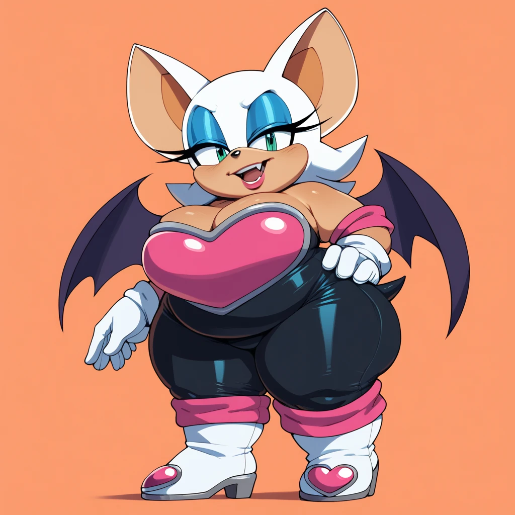 [Rouge the bat], [Uploaded to e621.net; (Pixelsketcher), (wamudraws), (napalm_express)], ((masterpiece)), ((HD)), ((High res)), ((furry)), ((solo portrait)), ((front view)), ((full body)), ((feet visible)), ((detailed fur)), ((detailed shading)), ((cel shading)), ((beautiful render art)), ((intricate details)), {anthro, (white fur), (orange skin), black nose, bat ears, cute blue eyes, (half-closed eyes), (blue eyeshadow), short tail, (curvy hips), (beautiful legs), (smug grin)}, {(black bodysuit), (pink shirt under bodysuit), (cleavage), (white gloves), (white knee-high boots)}, {(sitting on table), (crossed legs), (looking at viewer)}, [background; (hallway), (museum), (ambient lighting)], huge overfilled breast_implant, huge keep_inflating_Extrem_like a blimp, filling her up more plump , large Breast Implants breast expander fill up, extremely huge inflated muscles, hawaii Strand im hintergrund