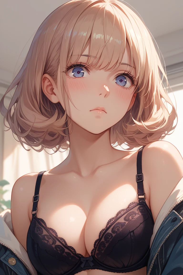 masterpiece, absurdres, best quality, ultra detailed, high Resolution, detailed illustration, bright colour, (extremely beautiful detailed face and eyes, Delicate beautiful face, 1 girl, cute face:1.3), (magenta eyes:1.1), sparkling eyes, big eyes, medium breasts, (perky breasts:1.1), (pointy breasts:1.1), medium hips, glamorous body, white skin, BREAK, long bob cut, (blonde hair:0.8), messy hair, detailed hair, shiny hair, BREAK (buggy overlap blouse, bra:1.5), perfect lighting, (embarrassed:1.5), (ecstasy, vulgarity:1.5), (trembling:0.8), From above,