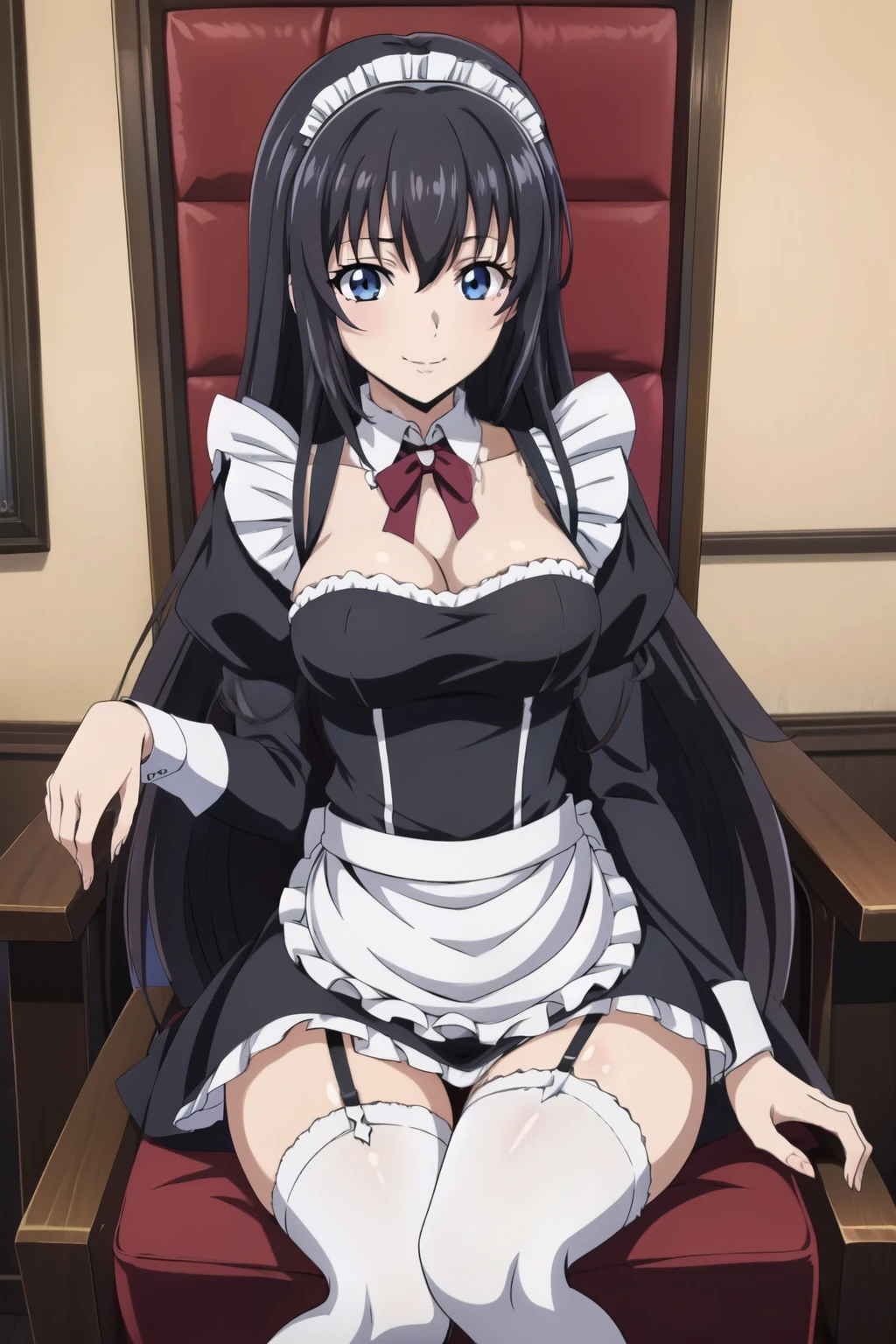 1 girl, cute, black hair, long hair, hair band, (sitting on chair), (smile), (Gothic coffee shop), thigh highs, white_leg wear, garter_straps, ((maid)) ((maid)), (anime cels style, Masterpiece, best quality, high resolution, anime colored, anime style, anime key visual, sharp, 8k), beautiful blue eyes, from side