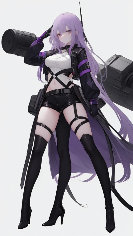 Girl with purple hair,long hair,body Harness,belt,boots,high heels boots,simple white background,smile,whole body,full body,standing position,Futuristic clothing