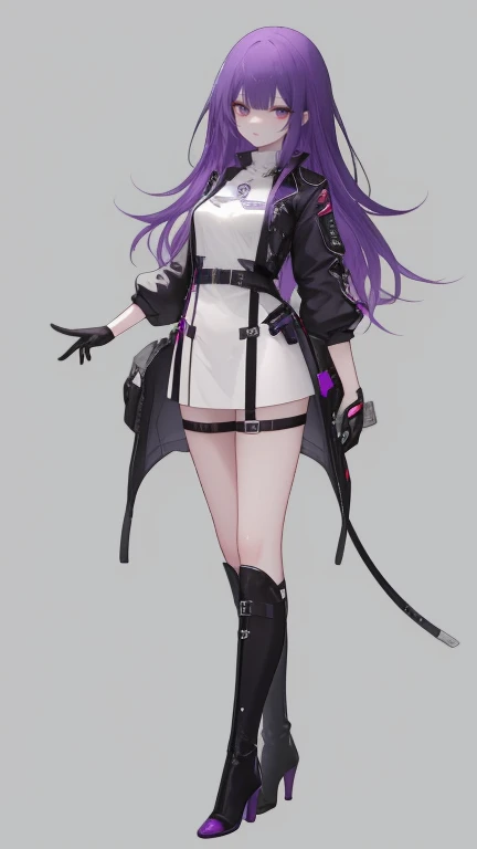 Girl with purple hair,long hair,body Harness,belt,boots,high heels boots,simple white background,smile,whole body,full body,standing position,Futuristic clothing