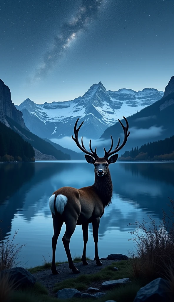 Hyper-realistic, cinematic 8k masterpiece: deer standing on the shore ...