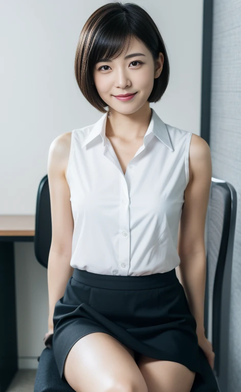 photoshoot of a beautiful Japanese office lady in a white sleeveless shirt and grey skirt, with a happy facial expression and open arms behind her back pose, with very detailed skin and detailed eyes with long eyelashes, taken at high resolution on a Canon EOS R5 camera.