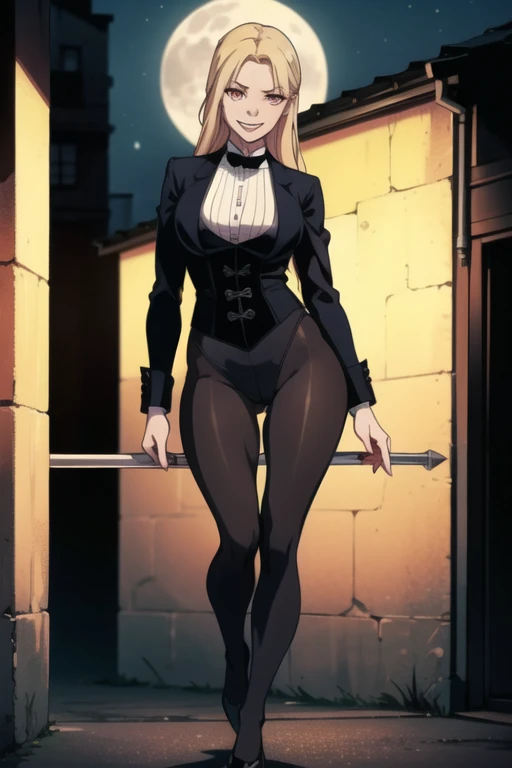 Selene, ftselenecas, long hair, blonde hair, pink eyes, mature female, large breasts, (One Person), (Masterpiece, Best Quality), (A Gorgeous 25 Years Old British Female Vampire Mercenary), (Pale Skin with Hidden Fangs), (Wearing an elegant leotard, tailcoat and pantyhose), (City Road at Night with Moonlight), (Dynamic Pose), Centered, (Half Body Shot:1.4), From Front Shot, Insane Details, Intricate Face Detail, Intricate Hand Details, Cinematic Shot and Lighting, Realistic and Vibrant Colors, Masterpiece, Sharp Focus, Highly Detailed, Taken with DSLR camera, Depth of Field, Realistic Environment and Scene, Master Composition and Cinematography, smile, pole dancing