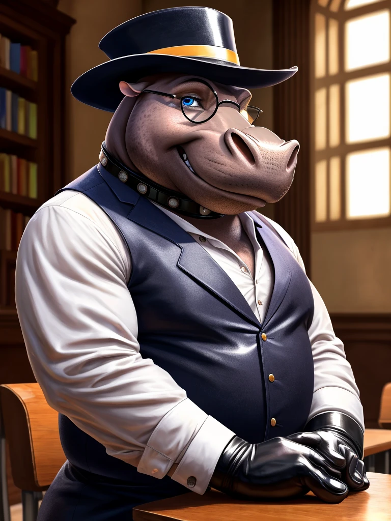 (high quality,4k,8k,highres,masterpiece:1.2),ultra-detailed,(realistic,photorealistic,photo-realistic:1.37), masterpiece,(intricate details), captivating artwork, artistically rendered, masterful strokes, attention to detail, tasteful composition, alluring charm, careful shading, great attention to anatomy, meticulous rendering, impeccable craftsmanship, vivid colors, perfect balance between realism and fantasy. Solo, Male, fat, extremely obese, gentleman, dapper Professor Hippopotamus, blue eyes, (posing:1.3), (soft shading), 4k, hi res, ((detailed face, detailed)), looking at viewer, mouth wide open, steampunk, collared shirt with buttons, top hat, male focus, Explorer Outfit, glasses, monocle, bag, vest with buttons, backpack, sleeves rolled up, round eyewear, brown headwear, brown vest, Hippopotamus is wearing a glossy leather dog collar around the neck, Hippopotamus is wearing the leather collar and shirt and vest at the same time, Hippopotamus is wearing glossy white rubber gloves on the hands, wearing white rubber gloves on the feet, gloves are rubber in texture, clenching teeth, clenching fists, leather collar is glossy and shiny with a lot of detail, Hippopotamus is wearing gloves and leather collar at the same time, leather collar has a round dog-tag, leather collar is thick and detailed.