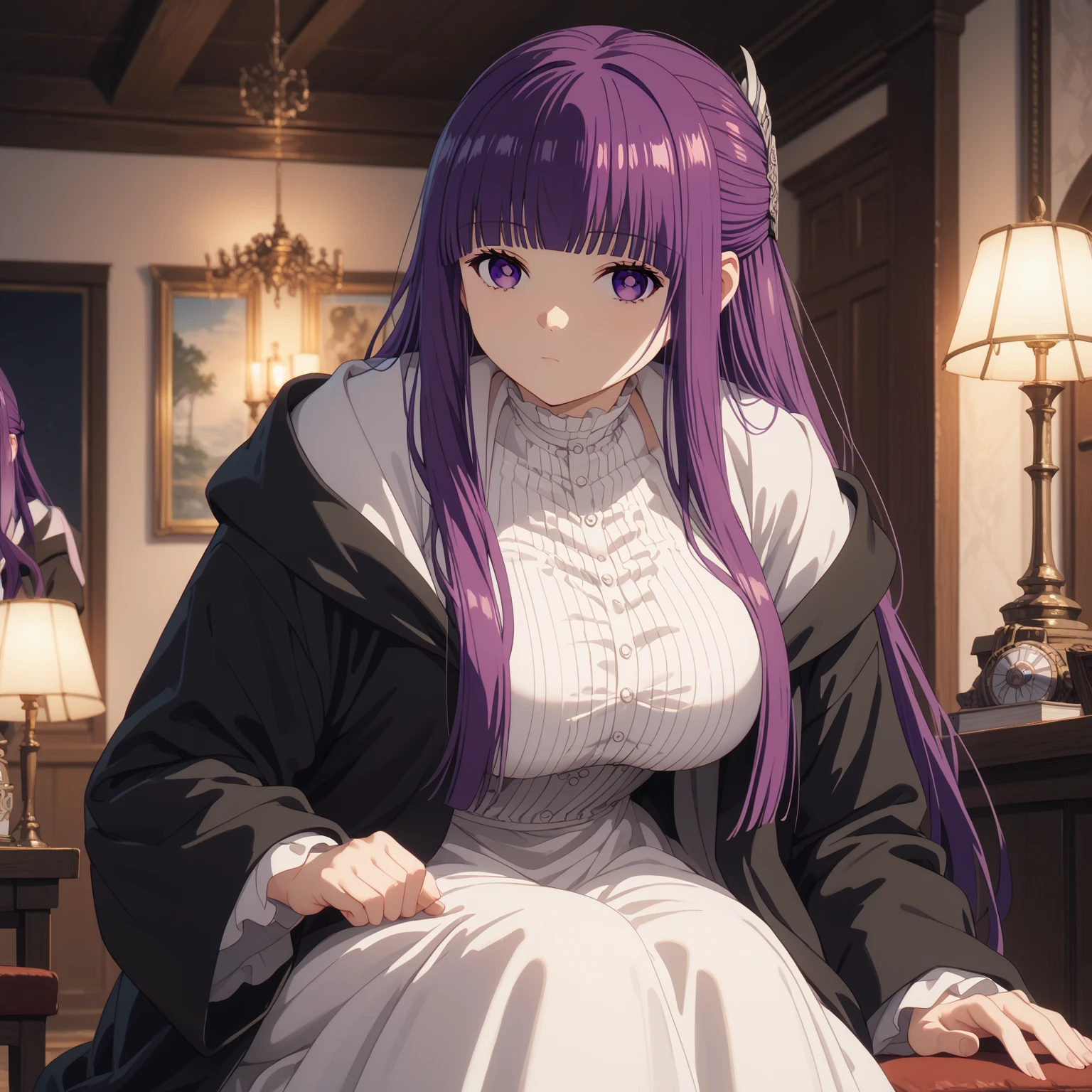 (Best Quality, Masterpiece),sexy, erotic, 1girl, 18 years old, Contempt, pride, long purple hair, ((purple eyes)), white dress, looking at viewer, medival tabern, (close up), ((dark room)), sweat, candle lit, (((blushing))), offshoulder, ((cleavage))