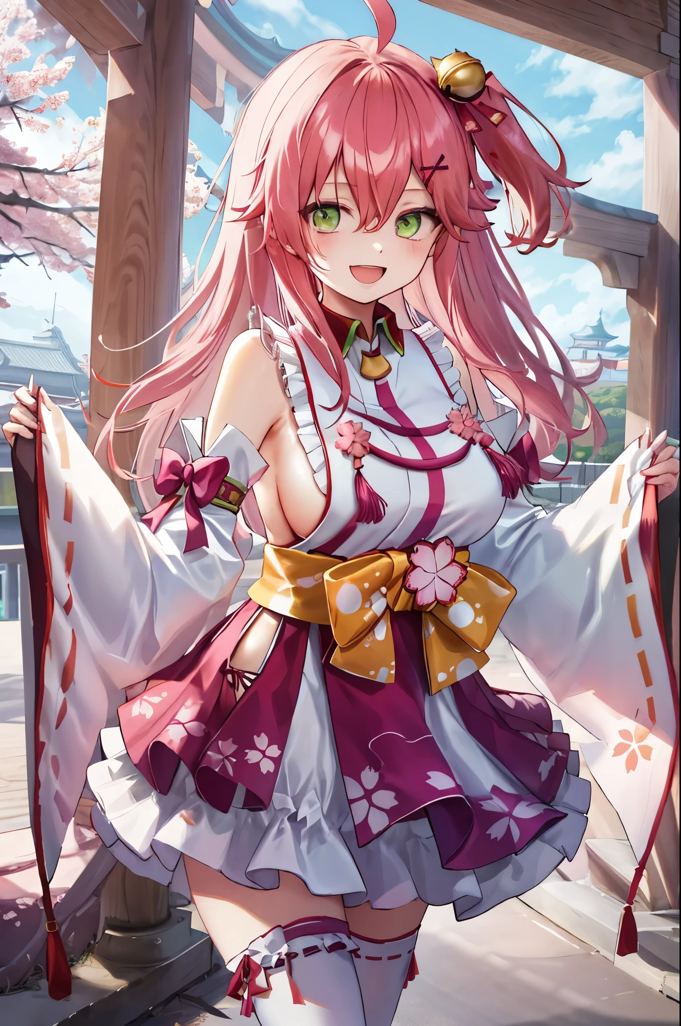 1girl, solo, best quality, miko_jp, yellow bow, japenese clothes, pink hair, green eyes, ahoge, one side up, huge breasts, wide sleeves, thighhighs, floral print, hair bell, bridal garter, detached sleeves, hair ornament, dynamic pose, outdoors, japenese temple, smile, open mouth, <lora:Sakura_miko_v1.0:0.6>