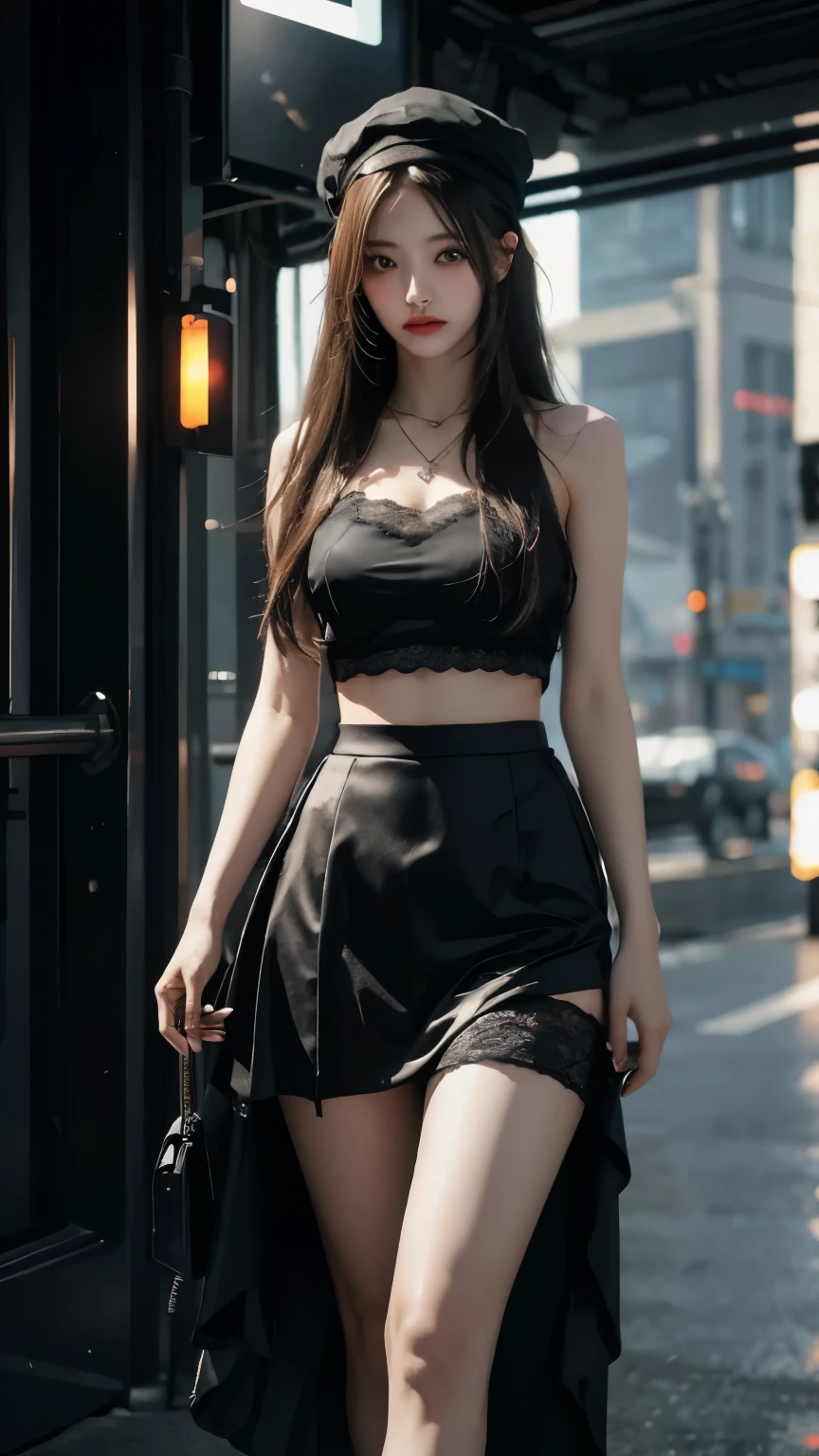 highres, masterpiece, perfect ligthing, bloom, night, cinematic lighting, adult, perfect skin, female, ((looking at viewer:1.2)), soft light, young woman,(freckles:1.05),
realistic skin,beautiful face,realistic eyes, perfect detailed face,
eyeliner,beautiful,
narrow waist,
winter, street, snow,
(short skirt), (black thigh highs:1.3),
sitting on a bench, cleavage,
realistic, (photorealistic),
slim, amazing hair.