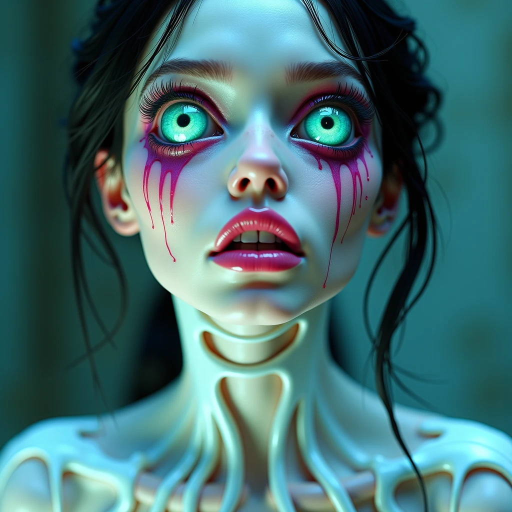 (A portrait of one beautiful and obscene female alien who is a young teenager:1.4), ((There is a female genital-like organ in the middle of her forehead:1.8)), (realistic face:1.2), (Numerous award-winning masterpieces, with incredible detail, textures and maximum detail), artistic photography, midnight aura, unreal engine 5, Ultra Sharp Focus, art by Amano Yoshitaka, ArtGerm, Roisch, intricate artwork, ultra realistic realism, high resolution, High freshness, drawing faithfully, official art, Unity 8K Wall paper, ultra detailed artistic photography, dream-like,tumult Creation of fantasy, ominous dream Snail, (biopunk nautilus:1.3),Thrilling color schemes, seductively smiling, Amazing mutation, well-proportioned body, goddess of the deep sea, fractal, Geometric pattern, impossible figures, (translucent white tentacles with luminescent organs:1.4), subtle emerald green accents, (smiling seductively:1.3),(She has the most beautiful face in the history of the universe:1.5), yolandie vesser, (she is looking down at viewers with glowing iridescent eyes with no pupils:1.3), an evil gaze that seduces, cinematic lighting, (Vampire-like long canine teeth can be glimpsed through the gap between the cute lips:1.3), in the hall of hell itself, Sweet breath is exhaling from beautiful lips, ecstatic expression, hypersexual 