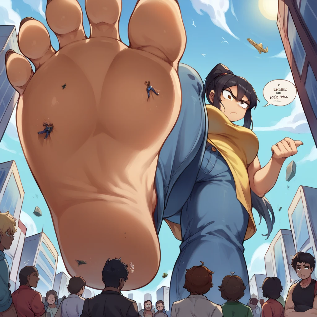 score_9, score_8_up, score_7_up, source_anime, BREAK pov: under giantess,Dark skin tone, black hair,jeans,Yellow lion shirt ,Ponytail hair,from below,Text: GigaTeam,destroyed,car, stomp,bored face,soles,Destroying,city,cara,tiny people,panic,crowd