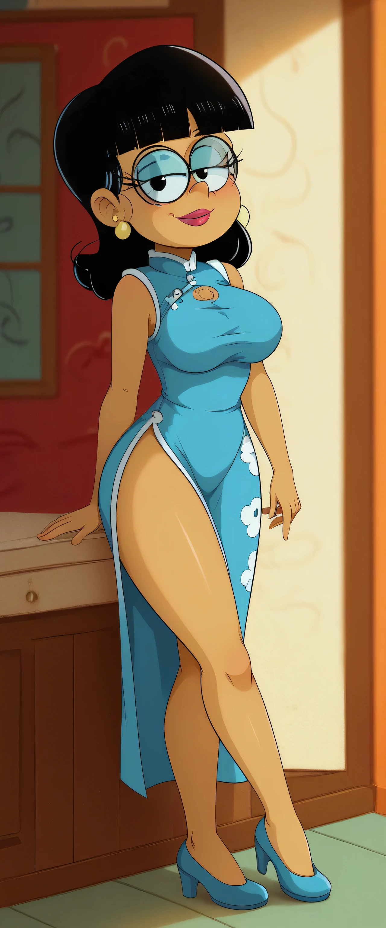 safe_pos, score_9, score_8_up, score_7_up BREAK judyzhau, black hair, blunt bangs, round eyewear, earrings, red lips, blue eyeshadow, dark skinned female, black eyes, the loud house,1girl, solo, aged up, BREAK large breasts, BREAK looking at you, blue cheongsam, inside of a chinese temple, full body view, standing