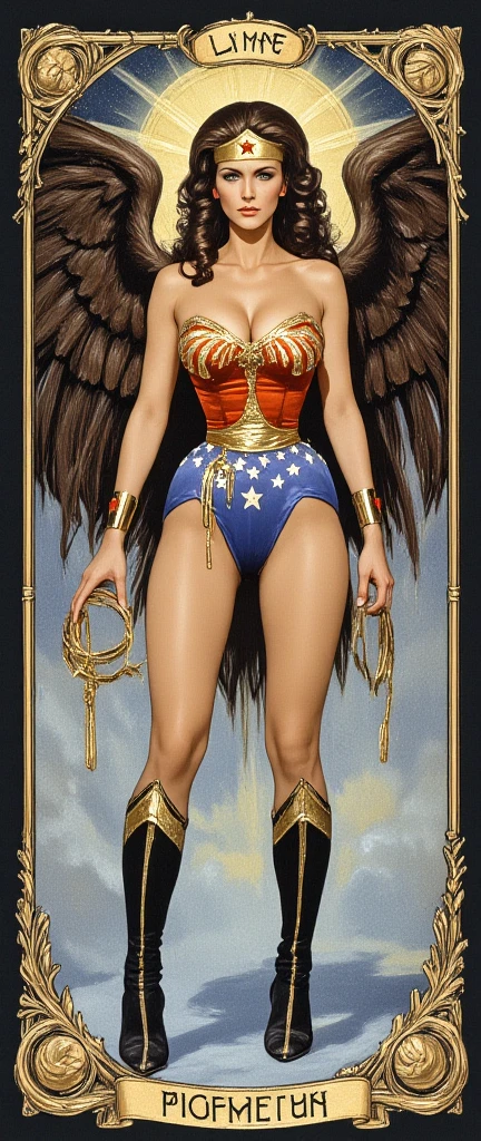 4K, Wonder Woman, golden tiara, dark hair, metal armor, super muscular body, eagle on the arm.