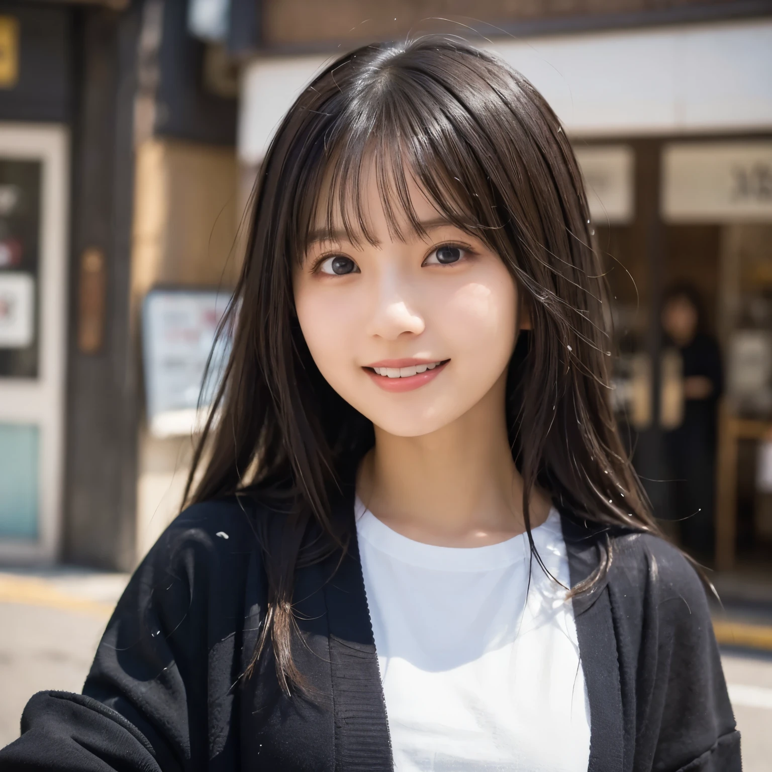 Hair swaying in strong winds ,  black cardigan,  white t-shirt , Street corner in the early afternoon , Blurred shop exterior, ( from the front:1.2), ( face close-up :1.3),( selfie:1.2),  smiling with her mouth open ,  girl, busty,  black hair,  straight hair,  with bangs, 's greatest masterpiece,  professional lighting