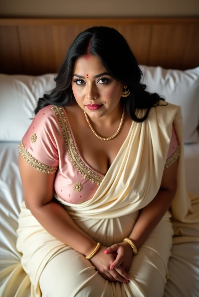 a 50-year-old shirtless man affectionately hugging and kissing aradiant, full-figured South Indian plus-sized 30 year old teacher wearing a off white silky saree in dressing room, ( cum Splash on her face and lips, cum Splash on her face, cum Splash)captured in a full-body image with vibrant hues and meticulous details. Full body image