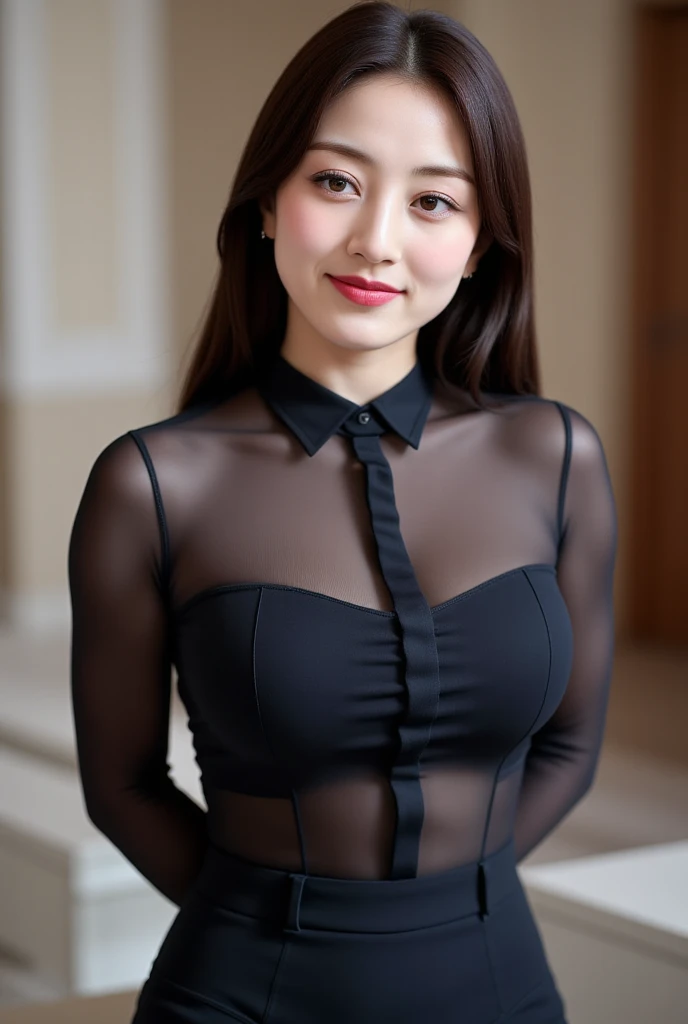 A woman, sitting facing forward, whole body, hands behind back, use a transparent formal shirt of black color, formal skirt of black color ,  does not use shoes, lips red color black , smiling beautiful ,  long hair