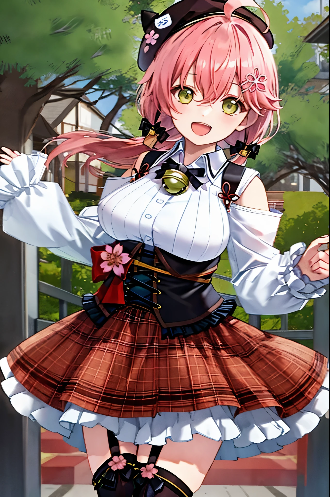 masutepiece, Best_Quality, hight_resolution, miko2,Ponytail, 1girl, Ahoge, black headwear, Hair Ornament, White shirt, black thighhighs, Pink hair, Red_skirt, very_short_skirt, plaid skirts, garter_strap, Collared shirt, hair clips, frilld, Bangs, hair between eye, frills skirt, beret, Pleated skirt, Hair Flower, Neck bell, , puffy long sleeves, Black bow, Underbust, Smile, large_breasts,covered_nipples, green_eyes, happy, dynamic_angle,apart_legs,(big_smile:1.2),plump,open_mouth,shout,half_eyes,cherryblossom_park_landscape_background,