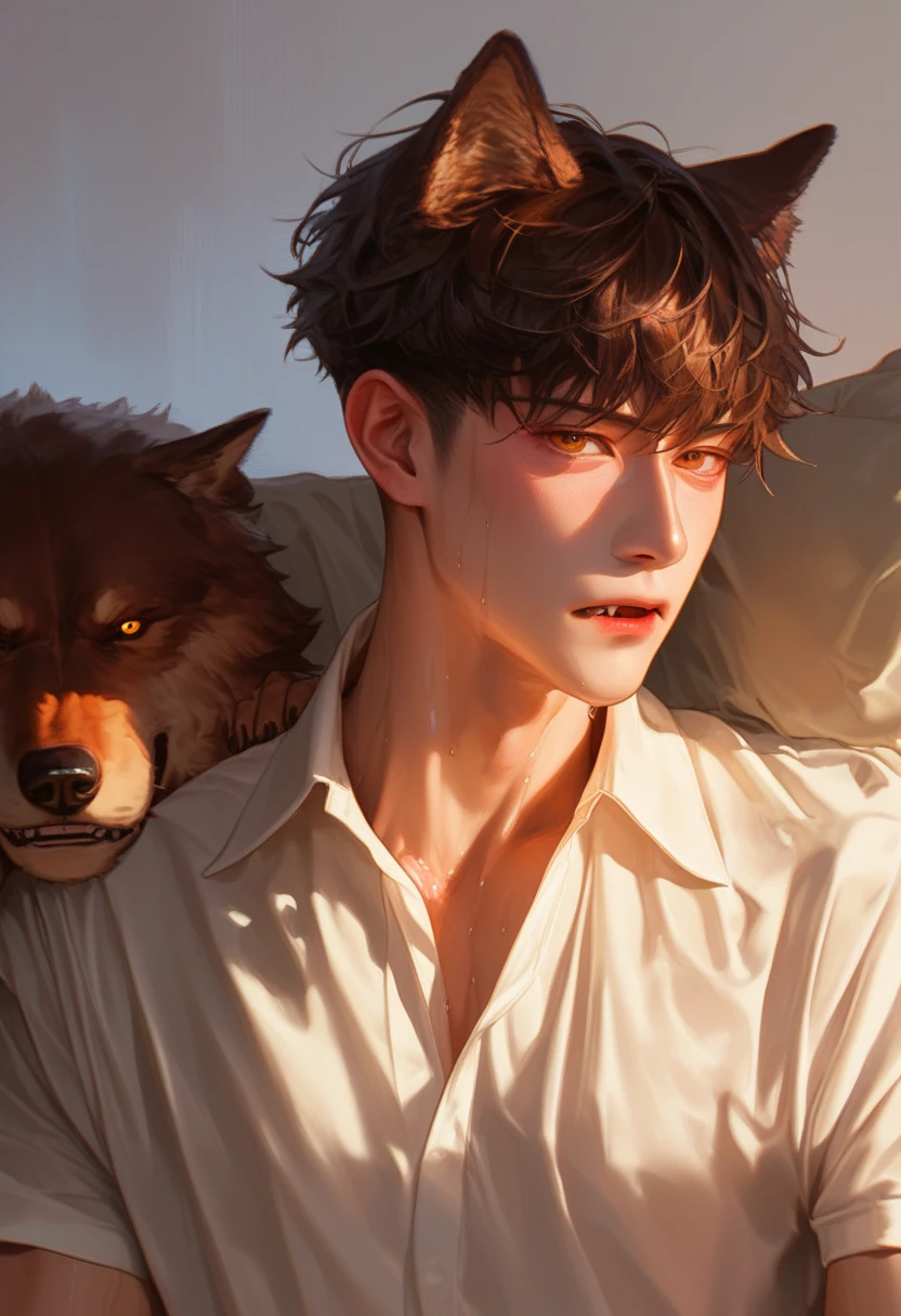 man， Cabin background，On the bed，躺在On the bed， Korean cartoon style ， young and vibrant ，  handsome. 脸瓜子脸，copper skin，Brown wolf ears , Fanggong, Unraveled white shirt,  Korean cartoon style  ，root，  wet hairstyle  ， Sweating，gasping ，saliva， Blusher, ，serious expression,  colorful gold eyes ，  handsome. 