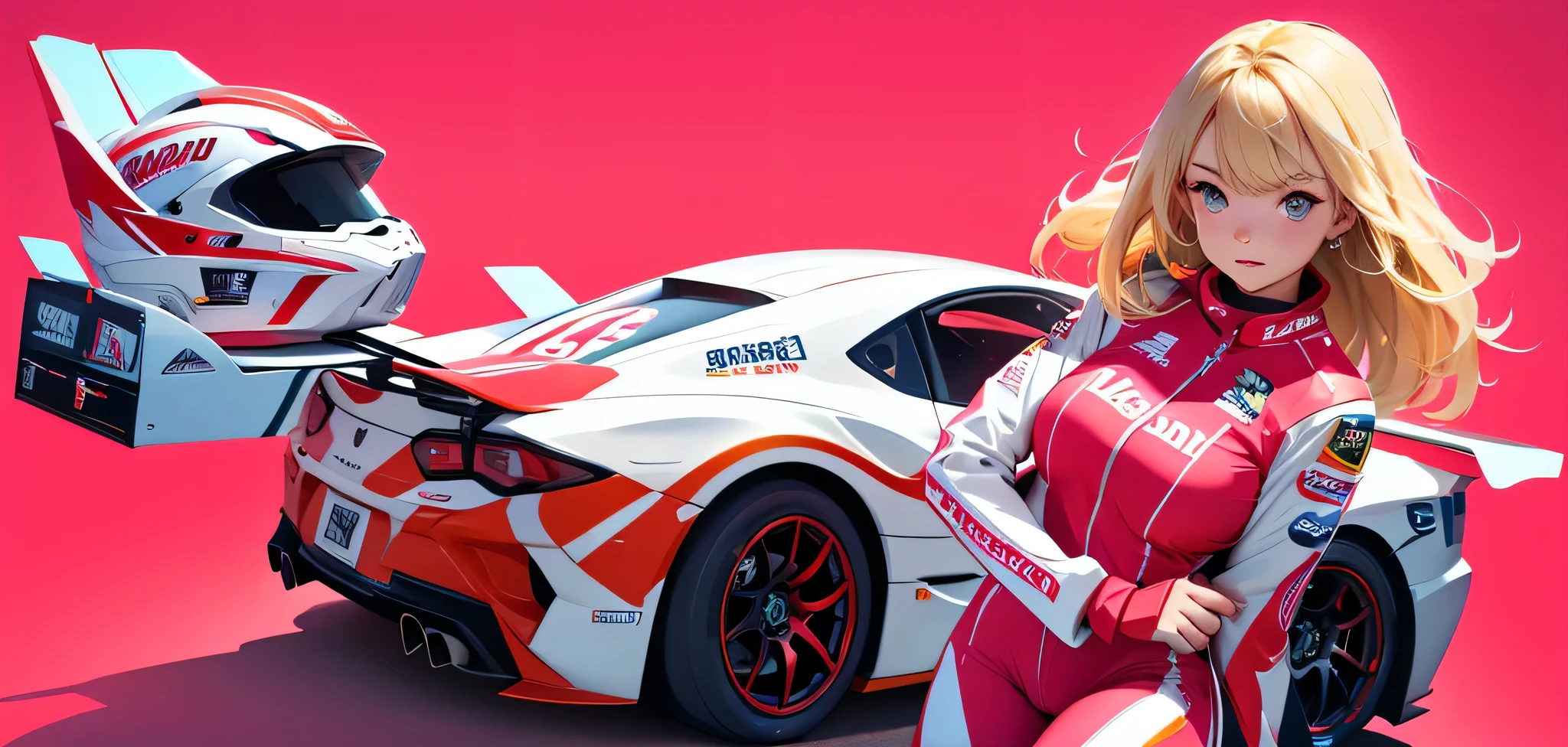  A blonde girl in a racing helmet and a racing suit is standing near a red race car,  background night city, colors: pink white and red  