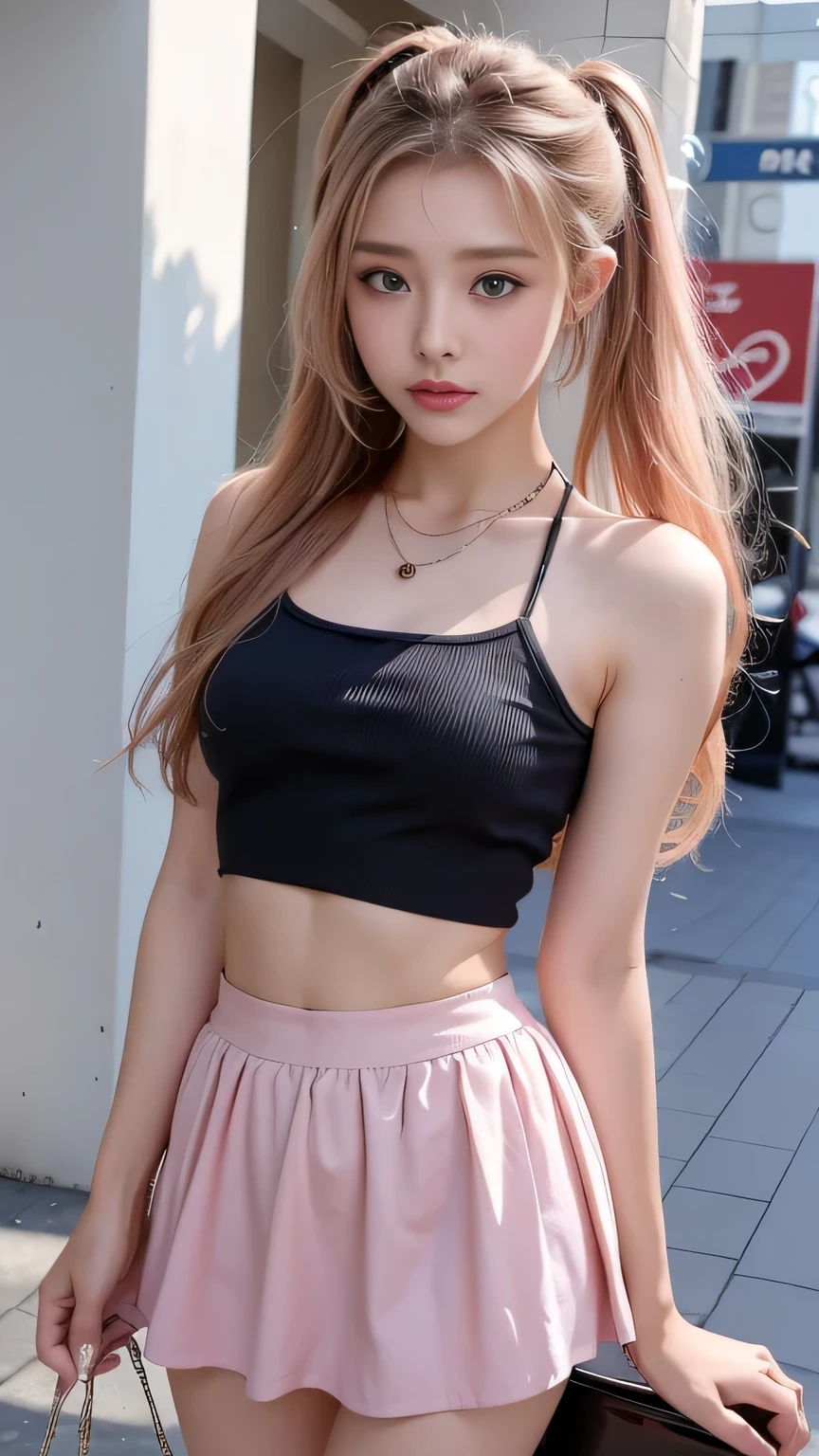 woman((22 year old)), hair((light color, long, wavy)), eyes((hazel eyes, small eyes)), ((chiffon, crop-top, mini skirt)), accessories ((hair clip ), big , nice breast, Korean malay mixed make-up look, lounge room, modern location, night atmosphere