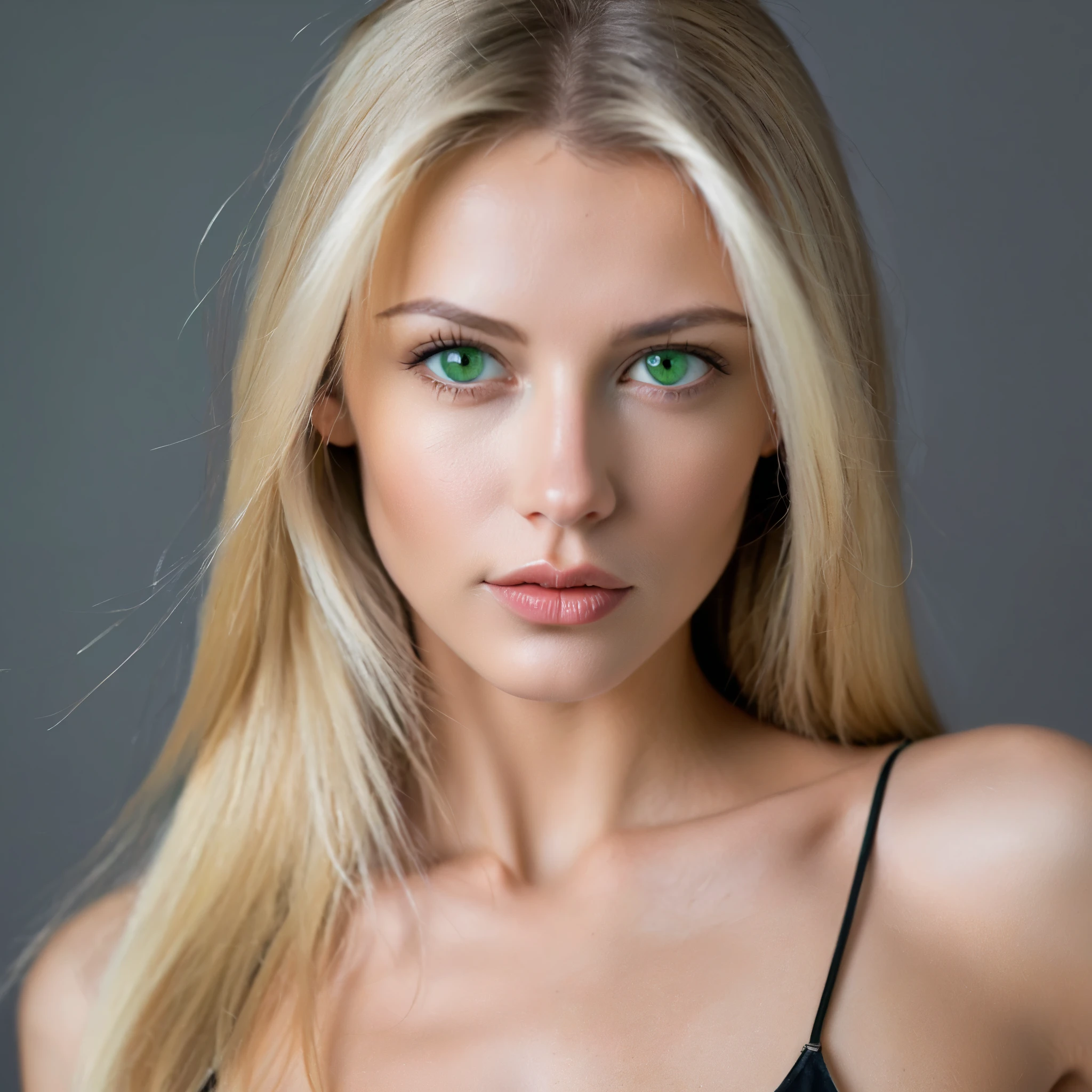 Frontal portrait of a sensual, blonde woman with straight hair and natural green eyes