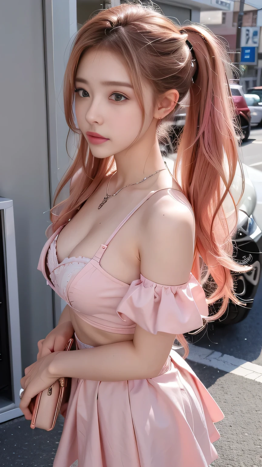 multiple_girls, breasts, 3girls, swimsuit, smile, blonde_hair, skirt, shirt, one_eye_closed, looking_at_viewer, bikini, large_breasts, navel, open_mouth, long_hair, necktie, areola_slip, scrunchie, bangs, choker, purple_eyes, microskirt, gyaru, hair_ornament, front-tie_top, cleavage, twintails, orange_skirt, fang, blush, bow, purple_hair, pleated_skirt, hairclip, blue_eyes, frills, bowtie, highleg, collared_shirt, pink_eyes, frilled_bikini, plaid_skirt, purple_skirt, pink_bikini, tied_shirt, micro_bikini, ahoge, front-tie_bikini_top, side-tie_bikini_bottom, purple_nails, hand_on_another's_hip, plaid, hair_scrunchie, pink_bowtie, pink_hair, :d, pink_bow, open_shirt, jewelry, collarbone, school_uniform, kogal, outstretched_arm, cross, blunt_bangs, black_choker, sidelocks, stomach, short_sleeves, purple_bikini