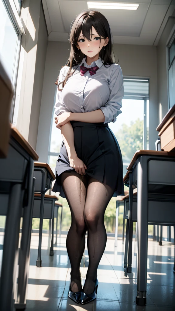 from below, full body:1.2, feet focus.1.4, 1girl, kuudere, black hair, large breast, beautiful, detailed faces, detailed eyes, sailor school uniform, pantyhose, sitting in the class, (mater piece, best quality, 8K, UHD, extreme detailed description, professional, studio lighting, sharp focus, natural lighting, highres, ultra detailed 8K CG, perfect lighting, exremely detailed background, eleborate atmosphere:0.75, fantastical colors, vivid colors, soft HDR), <lora:Akira_Todo_World_End-KK77-V1:0.35>