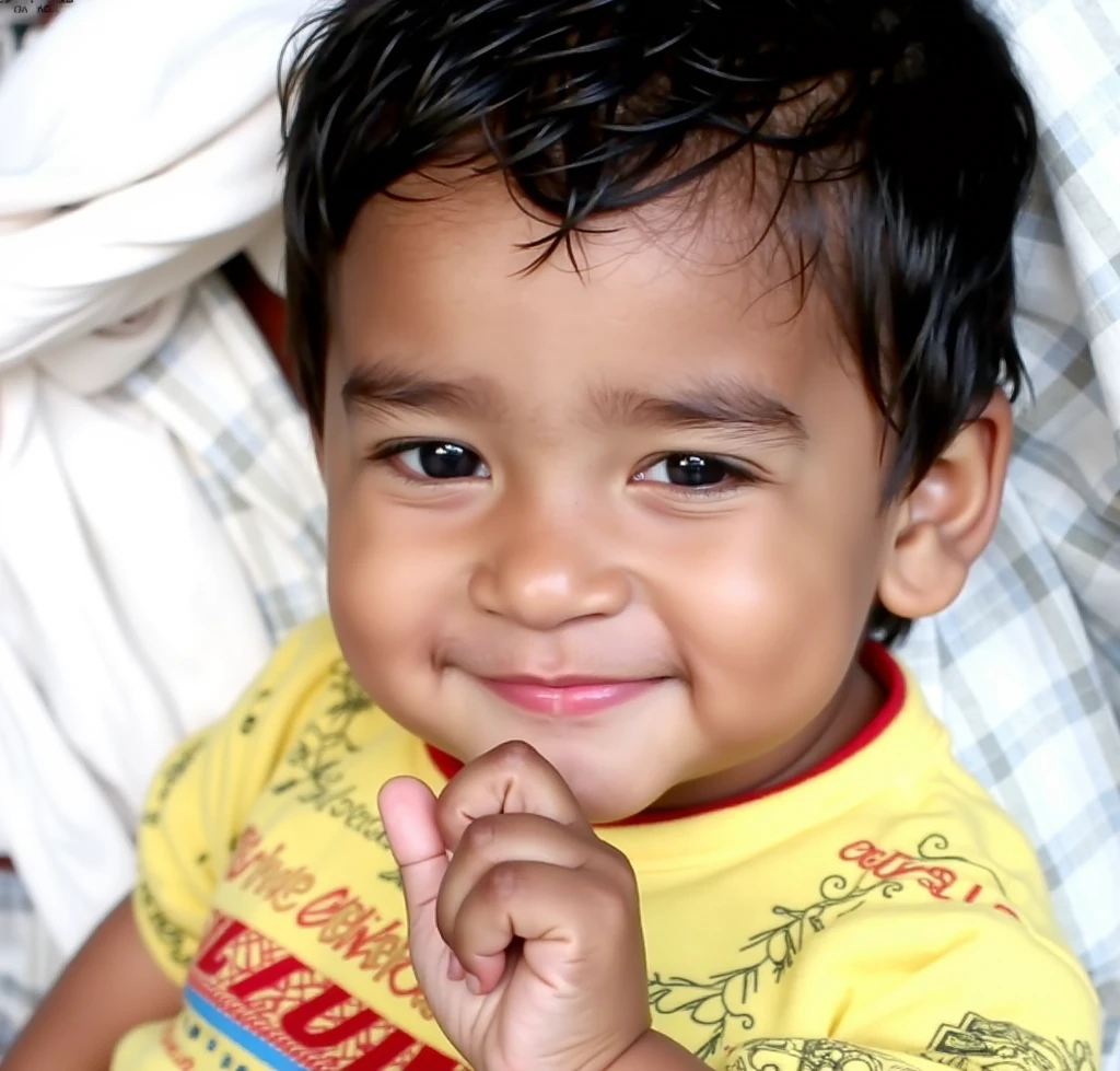 Imagine a colorful cartoon-style scene featuring Little Krishna as a toddler, with his playful smile and mischievous eyes.