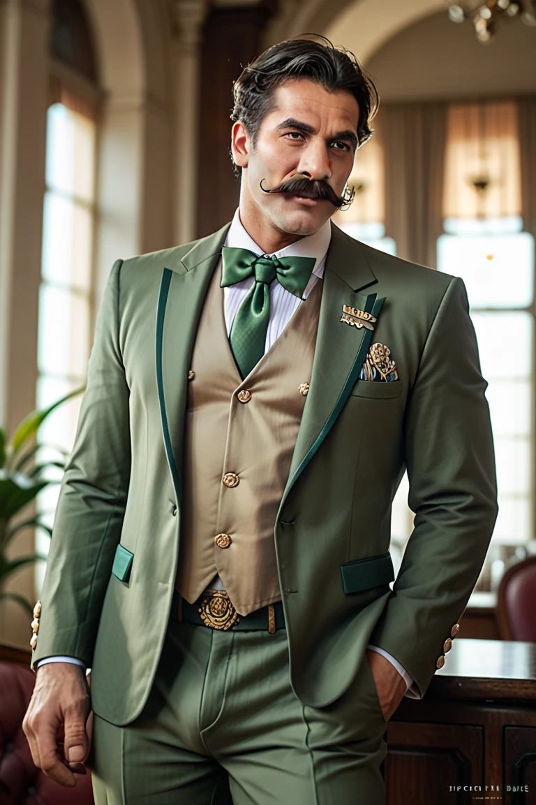 toma frontal, Wide shot,  very detailed skin . A man similar to Keanu Revees,  with a very masculine beard and mustache .  He wears an impressive outfit very elegant and current .  The background is a smooth and solid green screen ,  uniform and ready to be replaced by any image or video