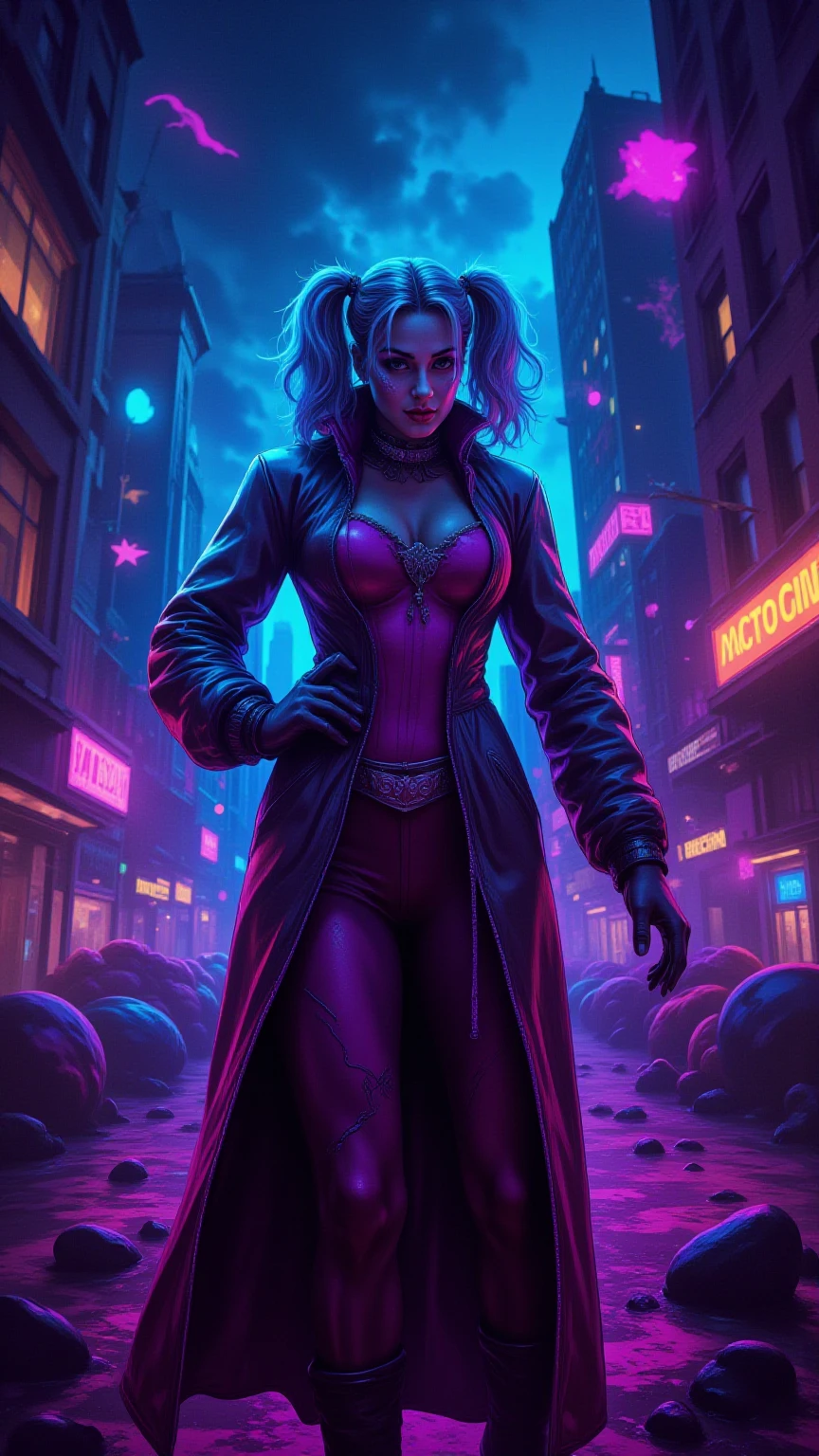 Scene from the movie, Sexy Woman dressed as Joker from DC, big boobs, extremely detailed, futuristic cityscape, nighttime, glowing neon lights, smoke, sparks, metal shavings, flying debris, blue energy effects, volumetric light