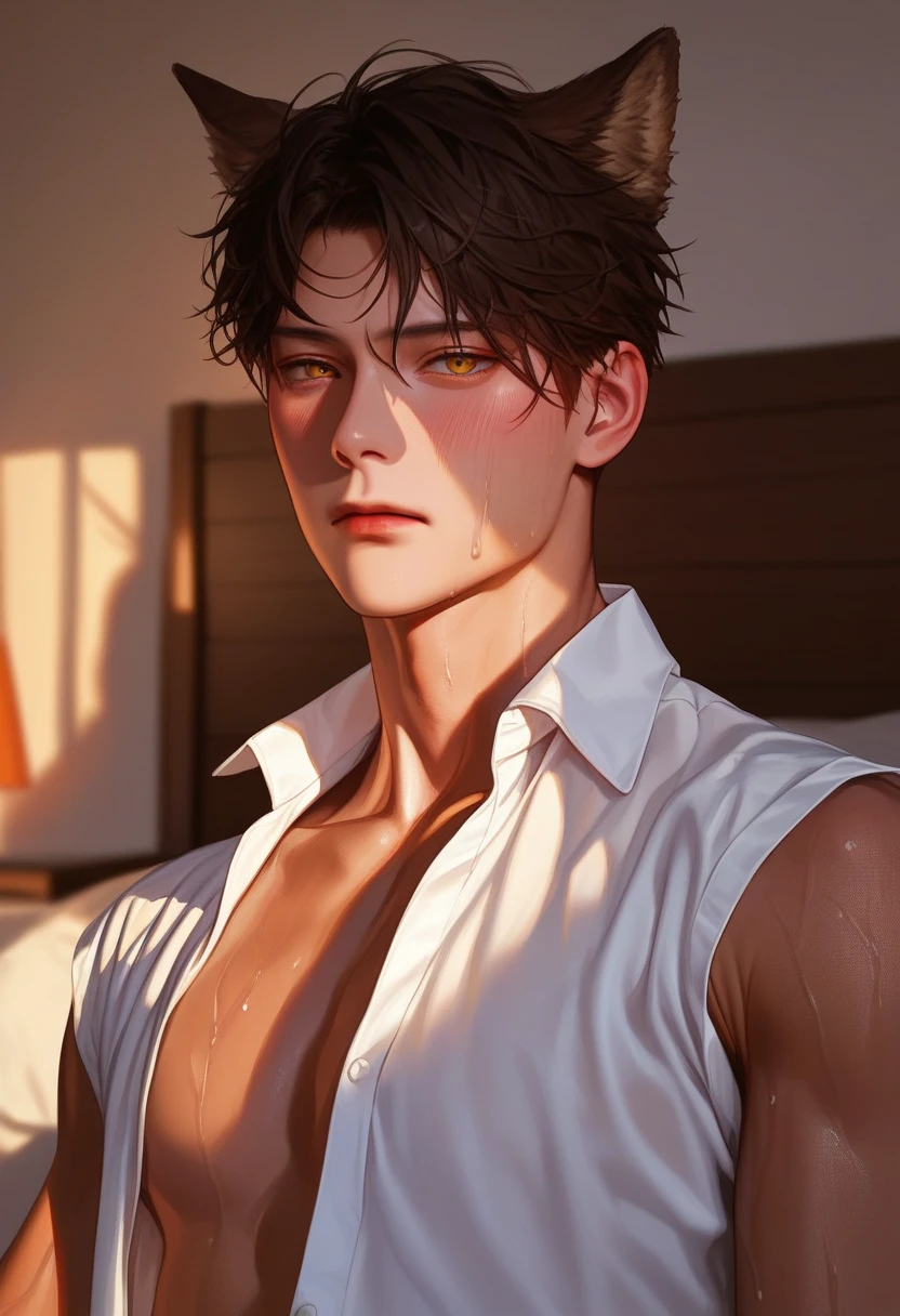 man， Cabin background，On the bed，躺在On the bed， Korean cartoon style ， young and vibrant ，  handsome. 脸瓜子脸，copper skin，Brown wolf ears , Unraveled white shirt,  Korean cartoon style  ，root，  wet hairstyle  ， Sweating，gasping ，saliva， Blusher, ，serious expression,  colorful gold eyes ，  handsome. 