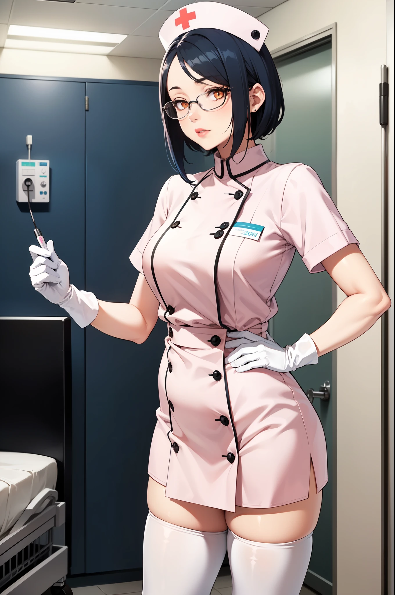 1woman, solo, nurse, white nurse cap, white nurse uniform, ((white legwear, zettai ryouiki)), white gloves, glasses, blue hair, orange eyes, pink lips, no impression, standing, ((hospital room)), sharp outline, short sleeves, mature female, 35 years old, best quality, masterpiece