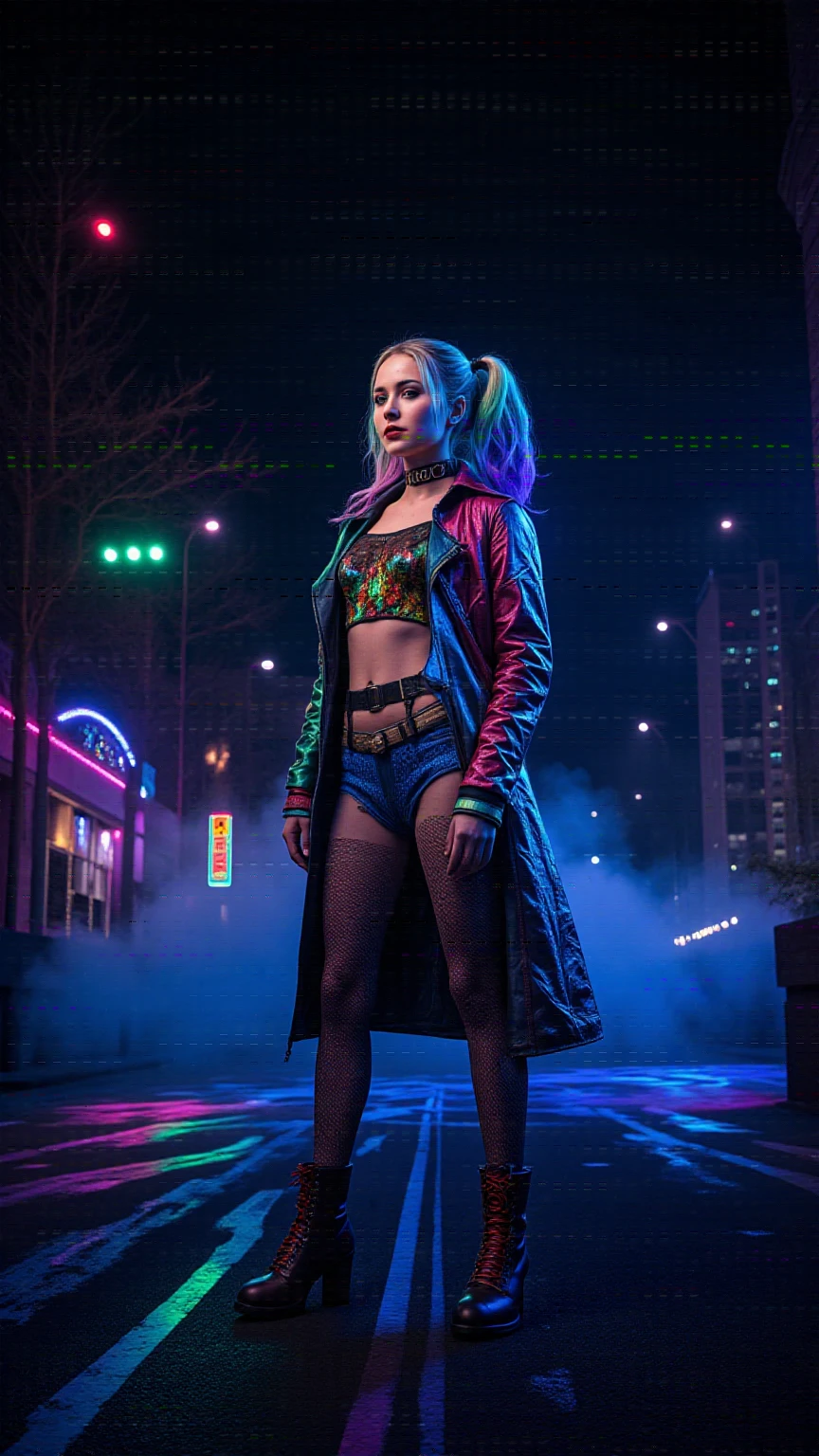 PENeonUV, blacklight, neon,
Standing Harley Quinn, realistic high details, 8k, Gotham city, magical dreamy 