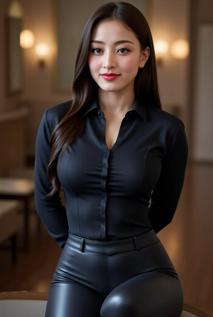 A woman, sitting facing forward, whole body, hands behind back,  using formal shirt of black color, black latex trousers,  does not use shoes, lips red color black , smiling beautiful ,  long hair