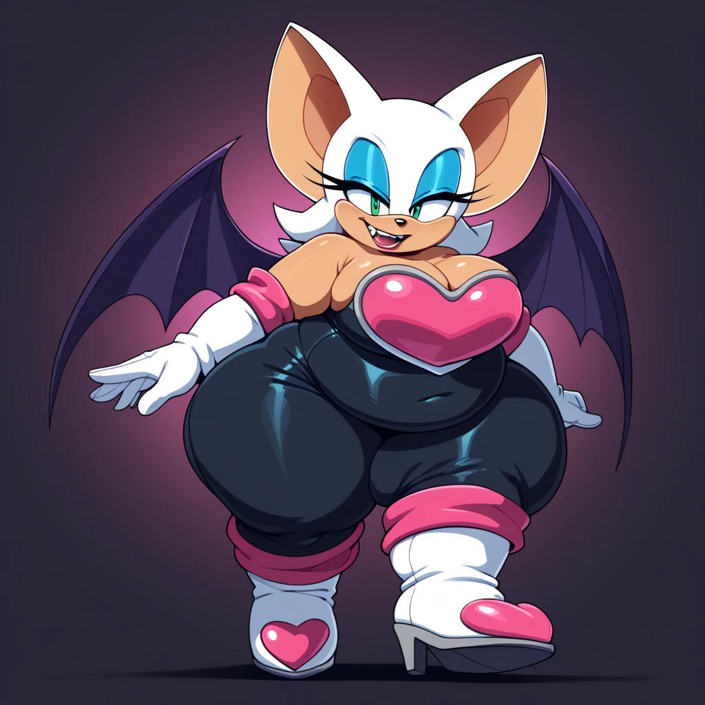 1girl, anthro,  focus, snout, long snout, long ears, hyper_obese, fat face, chubby cheeks, double chin, blob, fat arms, wide angle, solo, chest tuft, long tail,moobs, big chest, female , open mouth, vampire fangs, sexy
furry,Rouge the bat, makeup, green eyes, bat ears, white hair, blue eyeshadow
Rouge the Bat, Rouge (Sonic), white hair, dark skin, turquoise eyes, black skintight pants, pink heart shaped chestplate top with white trim, cleavage, tall white gloves, white high heeled boots with pink cuffs, short pointy bat tail, obese, wide, soft, big fat butt,rougethebat, bodysuit, gloves, boots, fat rolls, SSBBW, massive and fatty belly, dark background