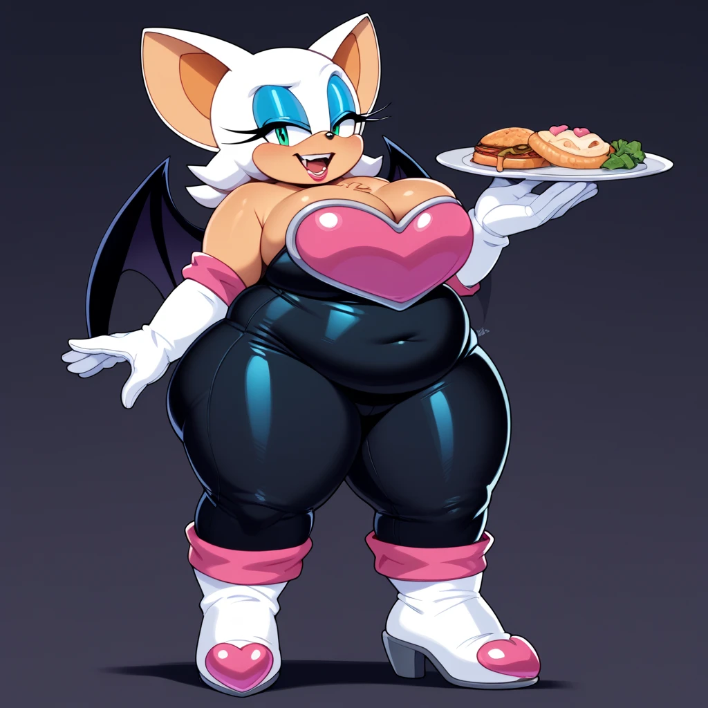 1girl, anthro,  focus, snout, long snout, long ears, hyper_bbw, fat face, chubby cheeks, double chin, blob, fat arms, wide angle, solo, chest tuft, long tail,moobs, big chest, female , open mouth, high height, vampire fangs, sexy
furry,Rouge the bat, makeup, green eyes, bat ears, white hair, blue eyeshadow, eating food
Rouge the Bat, Rouge (Sonic), white hair, dark skin, turquoise eyes, black skintight pants, pink heart shaped chestplate top with white trim, cleavage, tall white gloves, white high heeled boots with pink cuffs, short pointy bat tail, plump, wide, soft, big fat butt,rougethebat, bodysuit, gloves, boots, fat rolls, BBW, massive and fatty belly, dark background