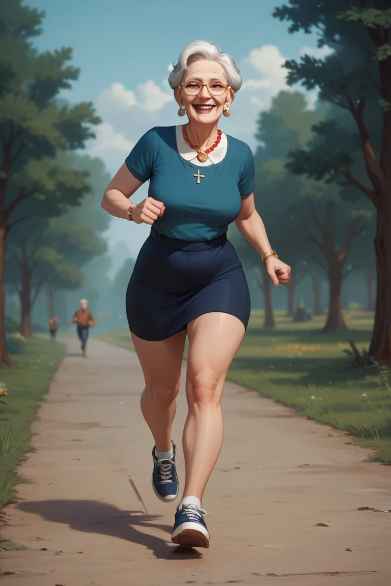  grandma with a walker in her hands , grandmother ( with huge glasses runs very fast, raising her legs high  , raising the walker above your head with a smile on your face, Running through the woods), a huge anisotropic werewolf is running after the grandmother in the background 