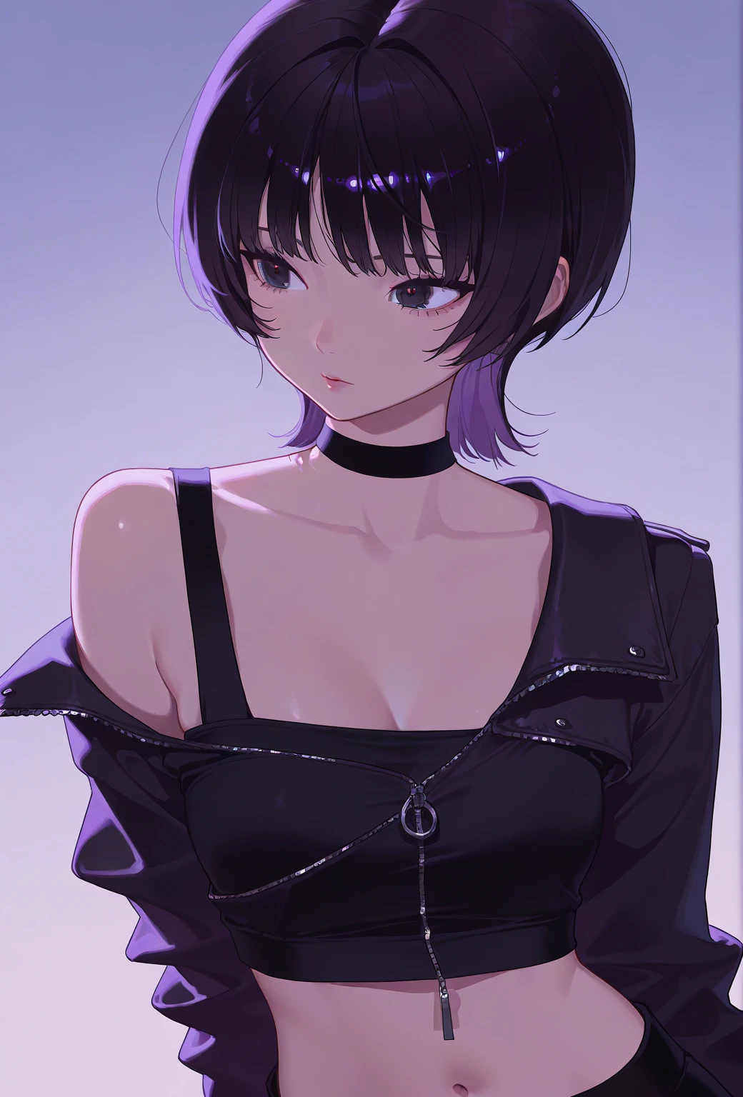 1 girl，black short hair，Dark purple eyes，Black open shoulder jacket，Dark purple crop top，Chooker 