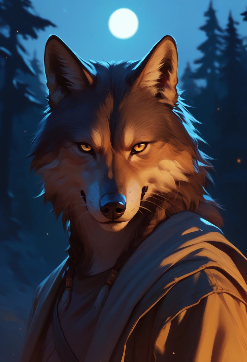  realistic due diligence,  Korean cartoon style , meticulous, brown wolf,  Gold Eyes ,  Dark Night , In the forest, Full moon