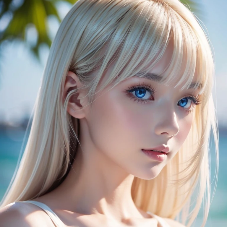 Mastepiece, Best Quality, Illustration, Super detailed, Fine details, High resolution, 8K Denden Wallpaper, Perfect dynamic composition, Beautiful detailed bright sparkling pale sky blue eyes, Women's Fashion Summer,Super long platinum blonde hair、Bangs between the eyes、,Big Breasts、Natural color lip, Bold sexy pose,A shy smile,Cute、20 year old girl、Small Face Girl、Sexy shot looking at the camera、Cheek highlighter