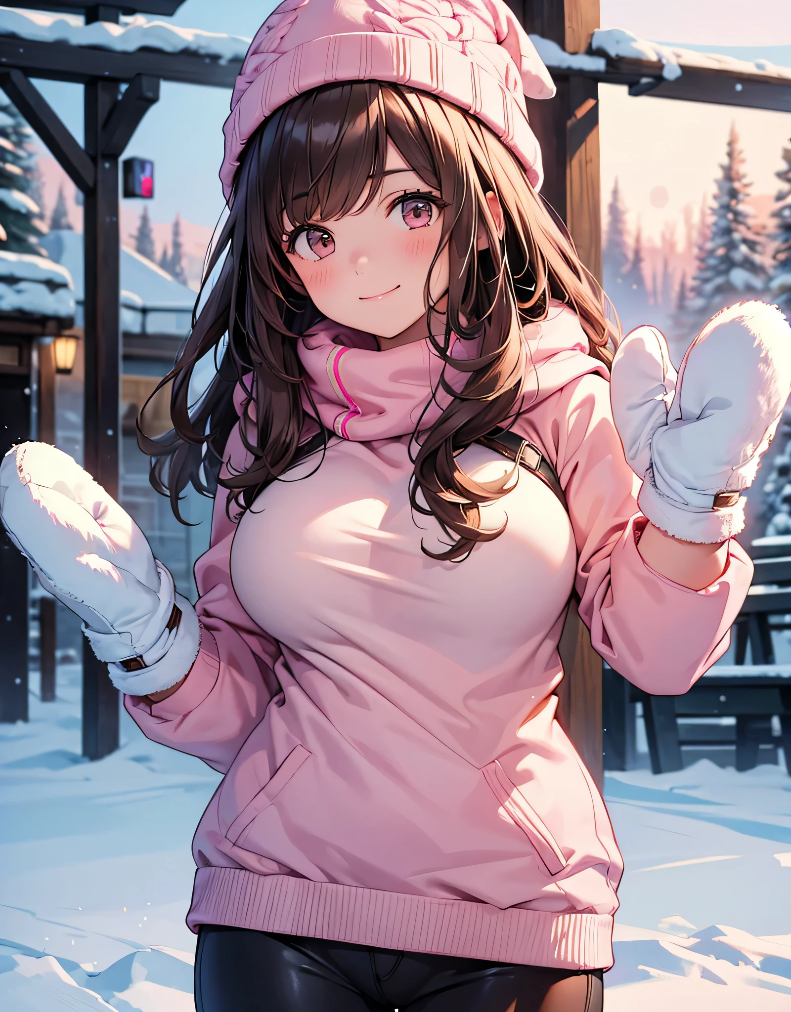 1 girl, solo, high definition, big breasts, Look away, blush, smiles, long hair, bangs, brown eyes, high definition, masterpiece, accurate, anatomically correct, Receives Many Awards , 最 High Quality , high detail , High Definition Model, High Quality , retina, very detailed, Ultra Fine, brown hair, , (((Pink ski wear))), Ski resort background, white knitted hat , pants-style ski wear, (((Mittens gloves ))), Highlight the whole body,