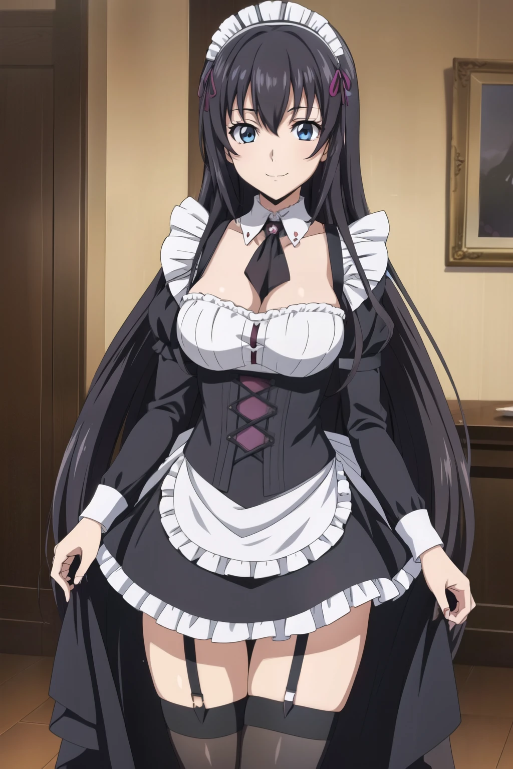 1 girl, cute, black hair, long hair, hair band, walking, (smile), (Gothic coffee shop), thigh highs, white_leg wear, garter_straps, ((maid)) ((maid)), (anime cels style, Masterpiece, best quality, high resolution, anime colored, anime style, anime key visual, sharp, 8k), beautiful blue eyes
